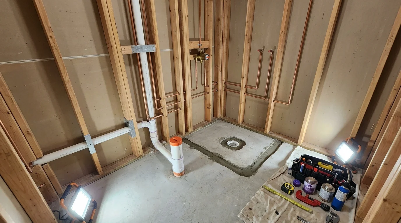 Bathroom rough-in plumbing during remodel by Johns Plumbing LLC in Oriskany