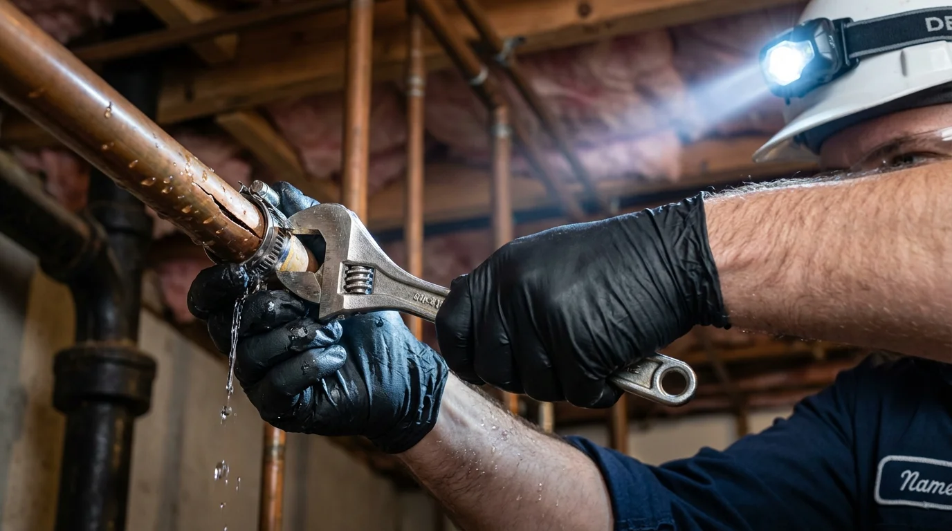 Emergency pipe clamp repair being performed by a Johns Plumbing LLC plumber in Oriskany
