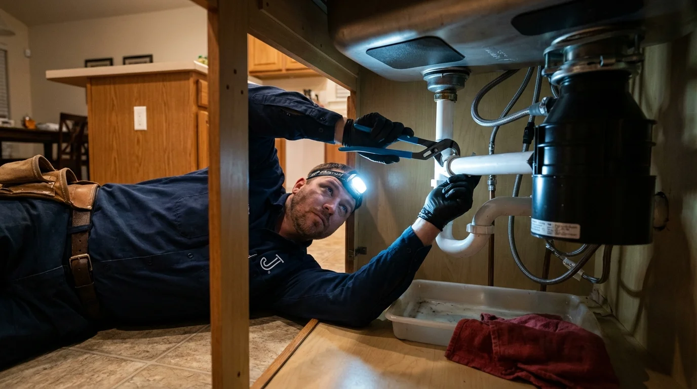 P-trap and supply line connections under a kitchen sink showing a common leak point in Oriskany, NY